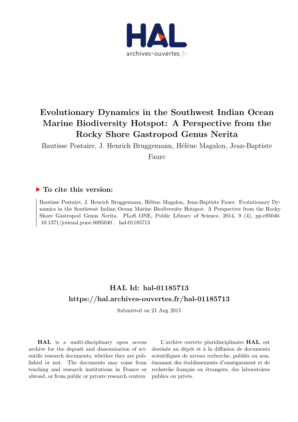 Evolutionary Dynamics in the Southwest Indian Ocean Marine Biodiversity Hotspot: a Perspective from the Rocky Shore Gastropod Genus Nerita Bautisse Postaire, J