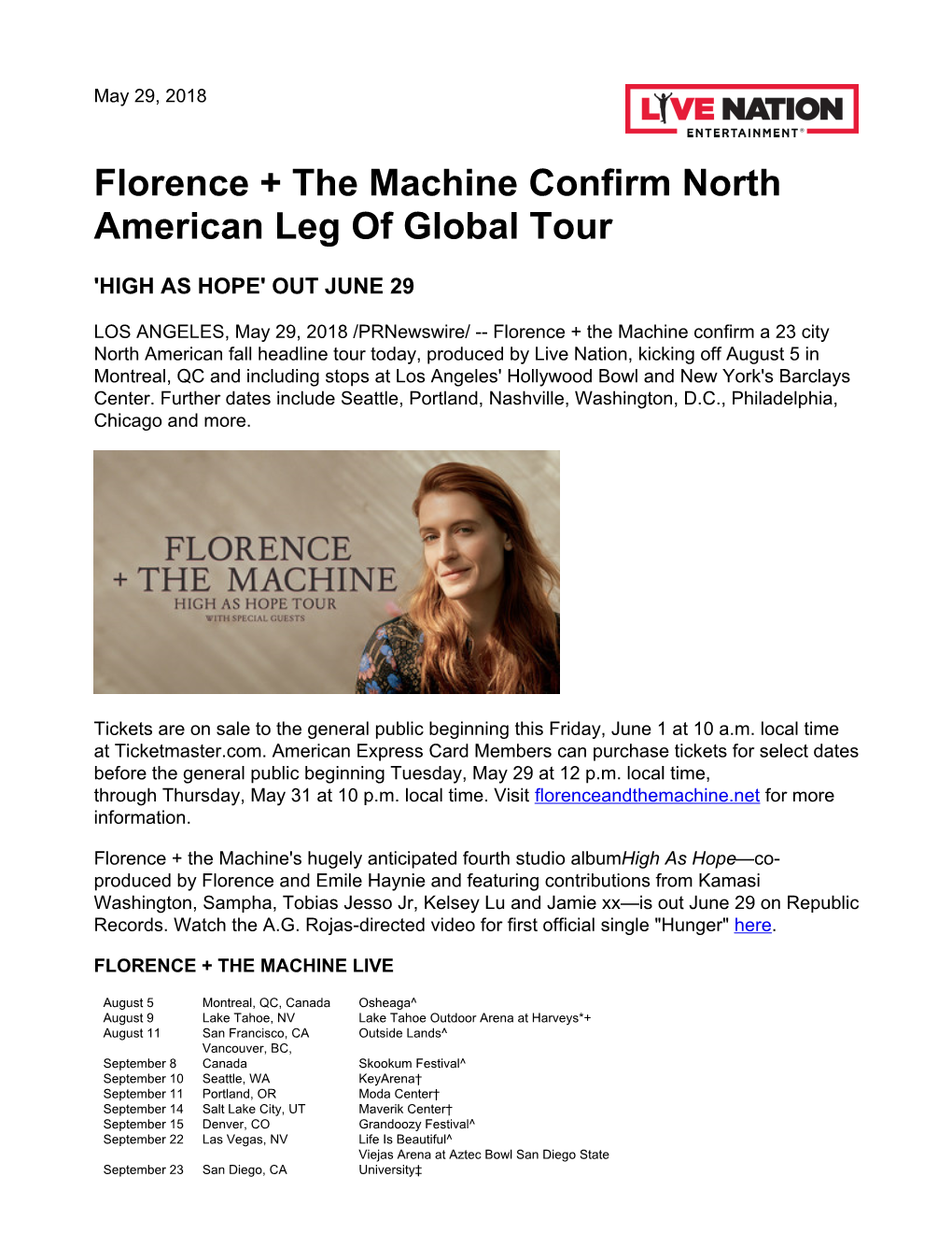 Florence + the Machine Confirm North American Leg of Global Tour