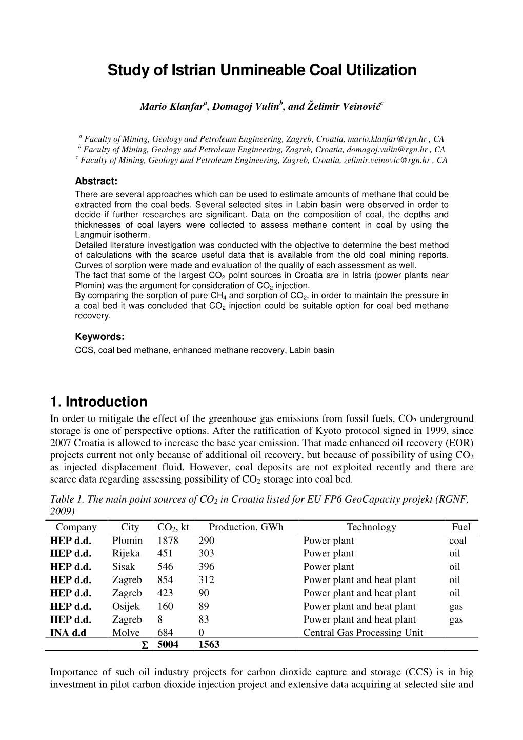 Study of Istrian Unmineable Coal Utilization