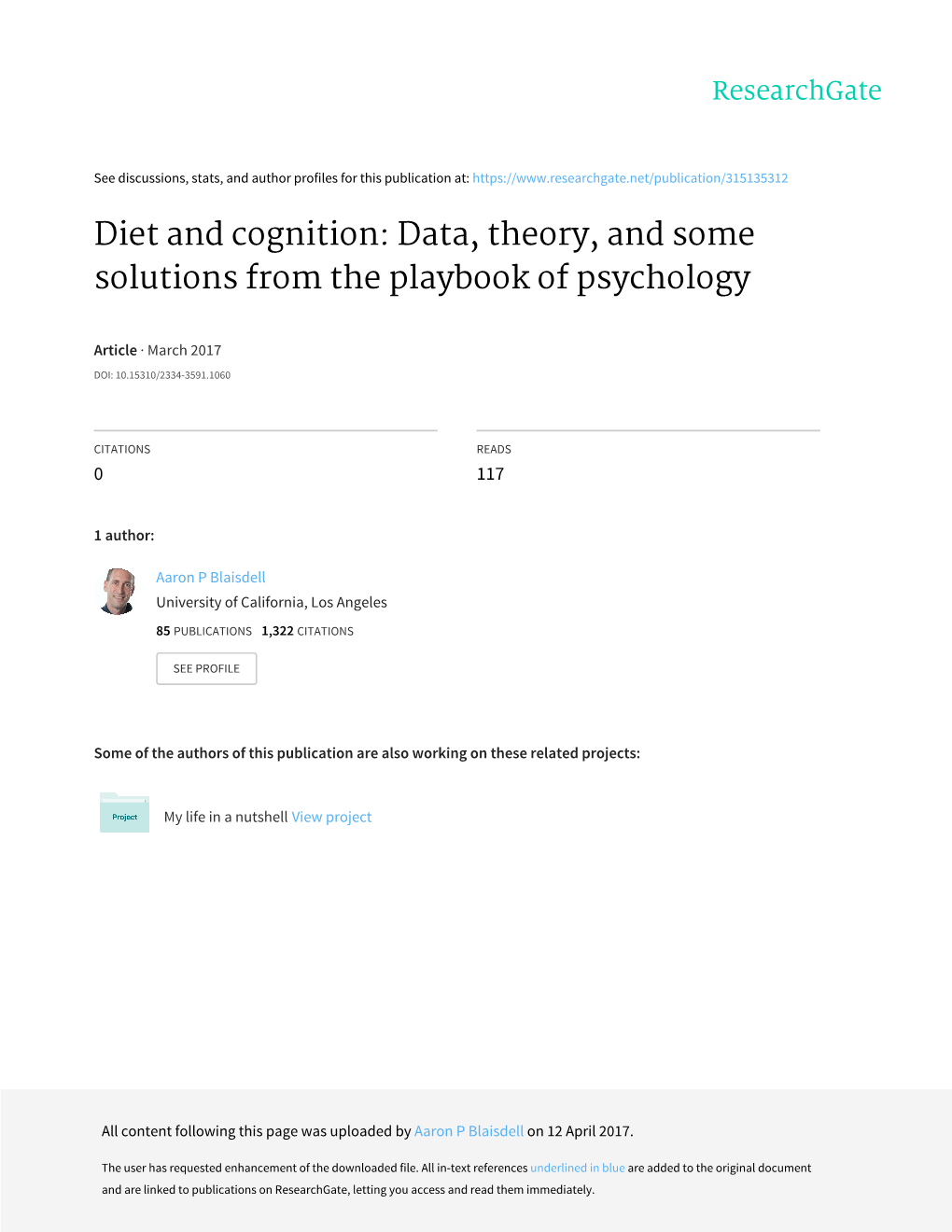 Diet and Cognition: Data, Theory, and Some Solutions from the Playbook of Psychology