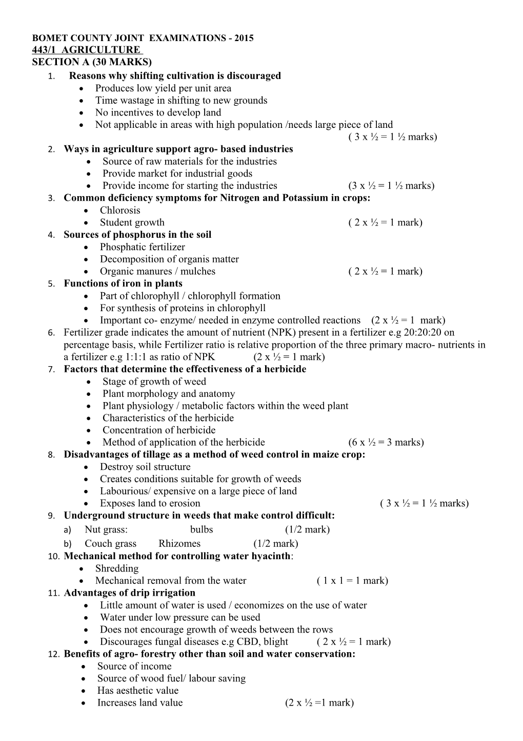 Bomet County Joint Examinations - 2015