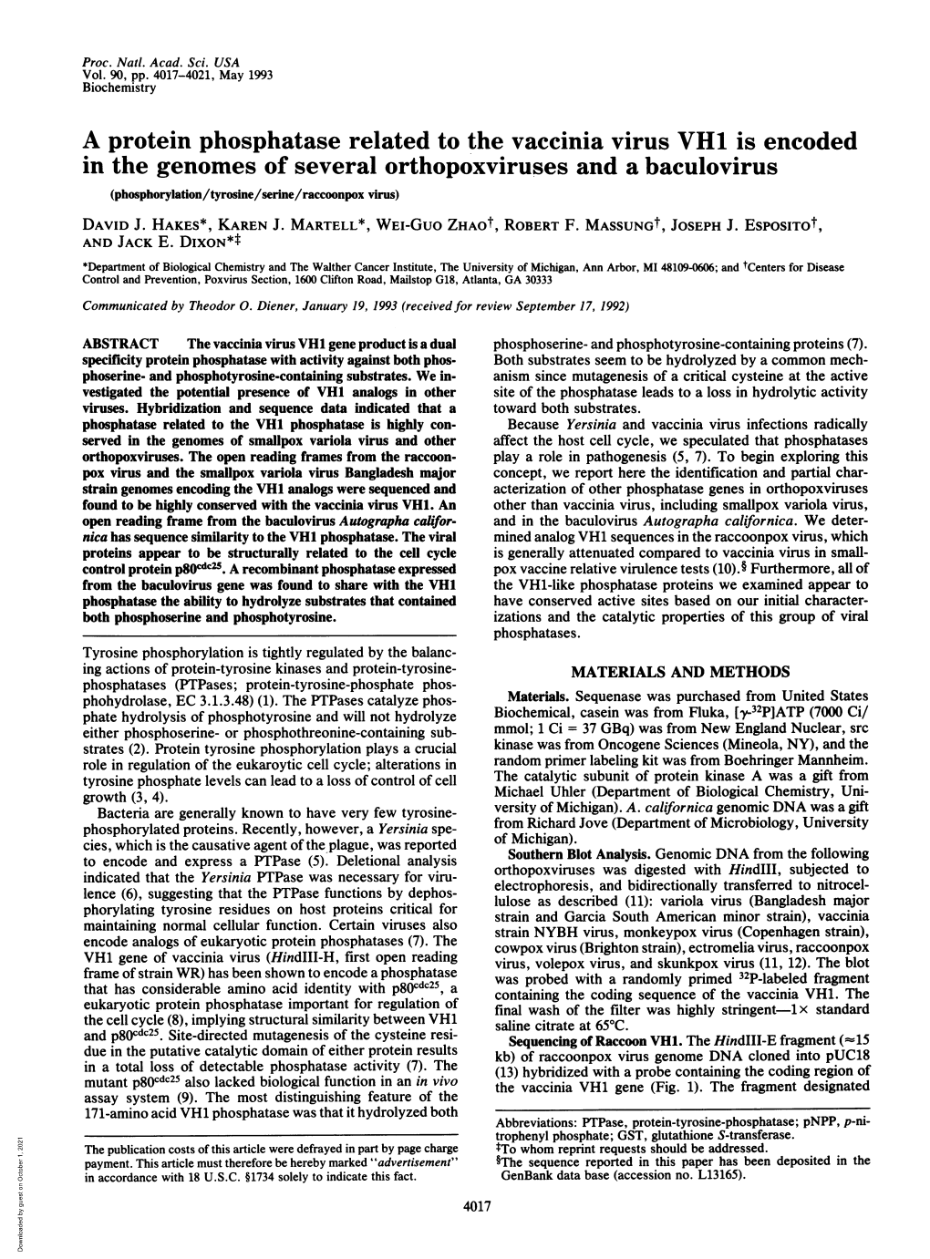 A Protein Phosphatase Related to the Vaccinia Virus VH1 Is Encoded In