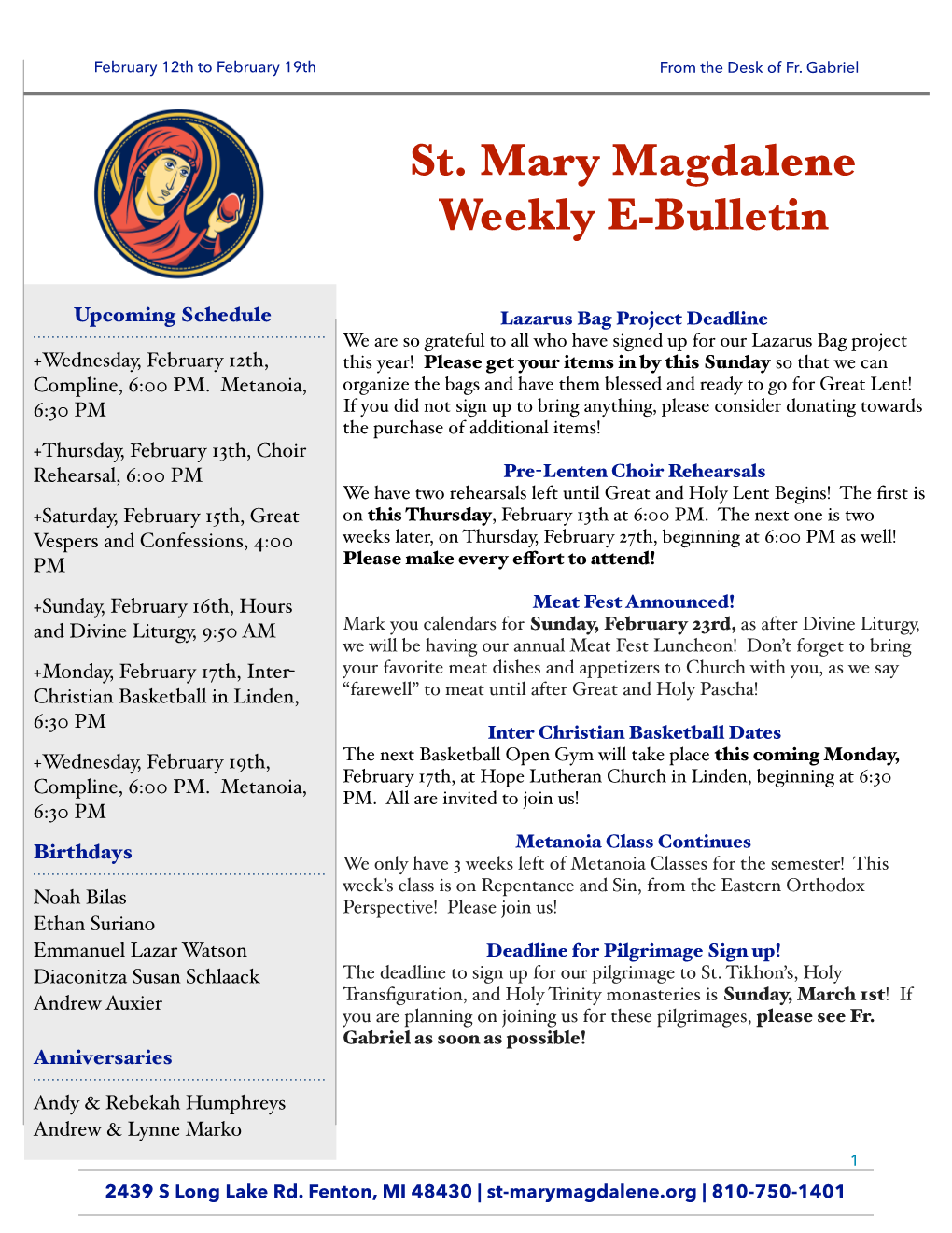 St. Mary Magdalene Weekly Bulletin