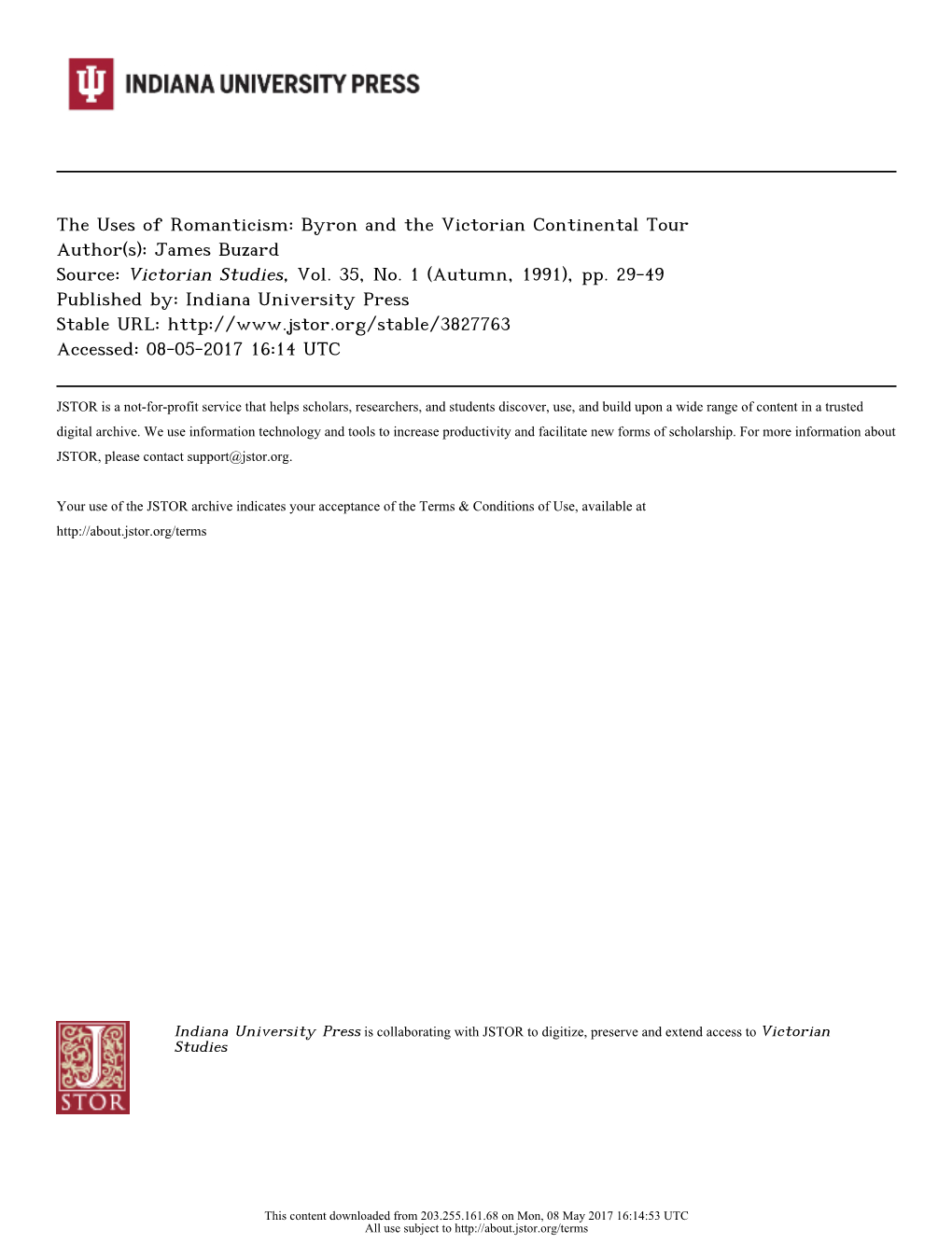 The Uses of Romanticism: Byron and the Victorian Continental Tour Author(S): James Buzard Source: Victorian Studies, Vol