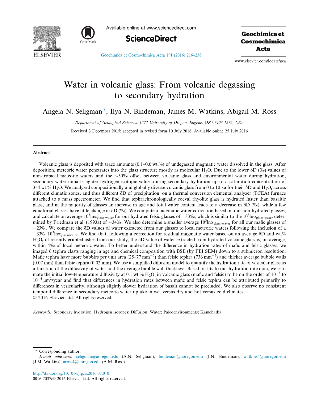 Water in Volcanic Glass: from Volcanic Degassing to Secondary Hydration
