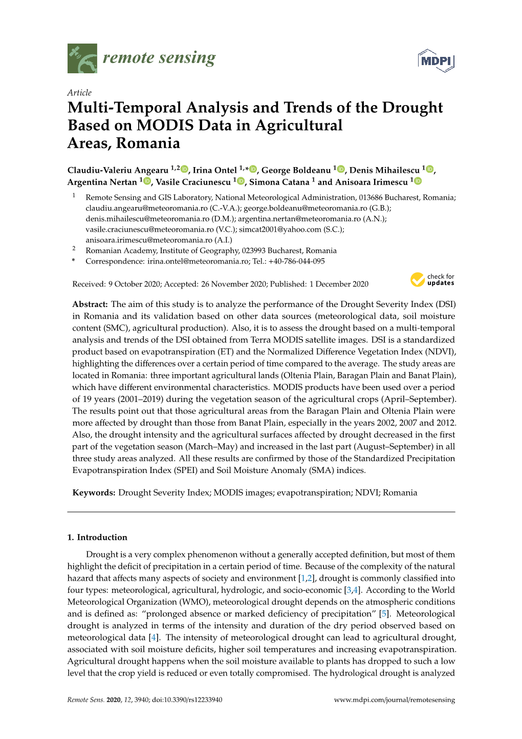 Multi-Temporal Analysis and Trends of the Drought Based on MODIS Data in Agricultural Areas, Romania