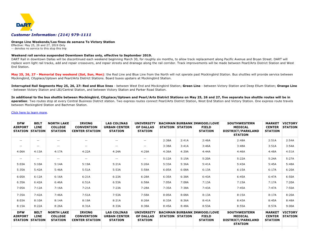 DART.Org--Orange Line Weekends/Los Fines De Semana to Victory Station