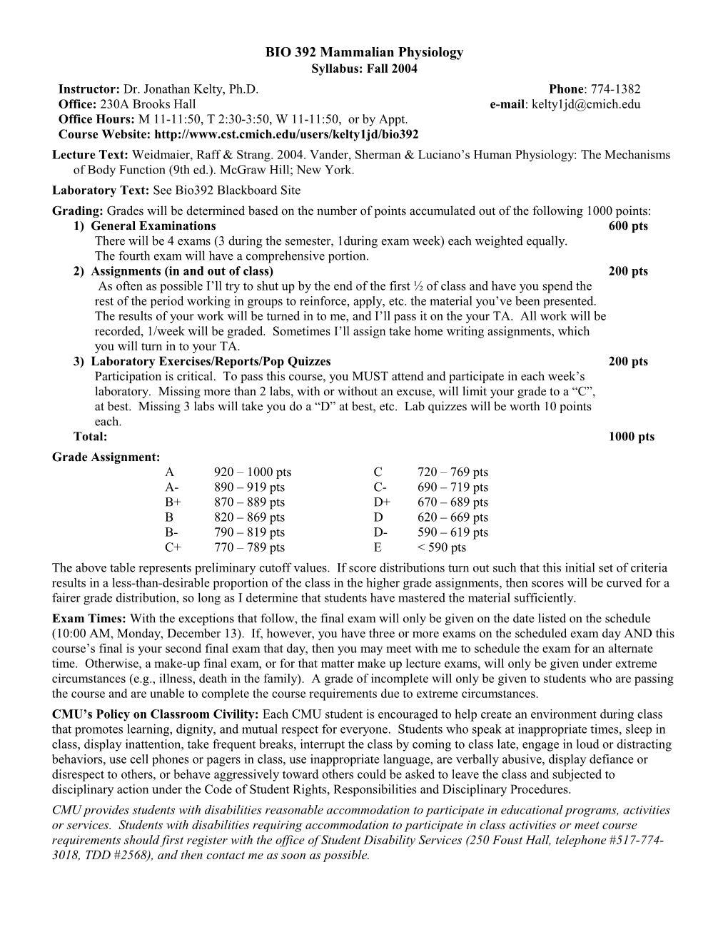 BIO 392 Mammalian Physiology