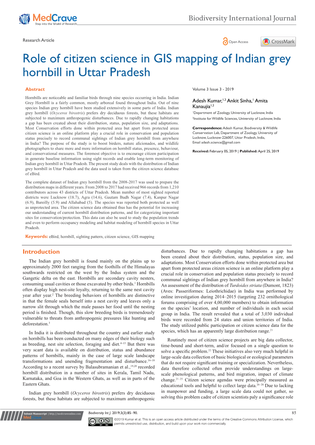 Role of Citizen Science in GIS Mapping of Indian Grey Hornbill in Uttar Pradesh