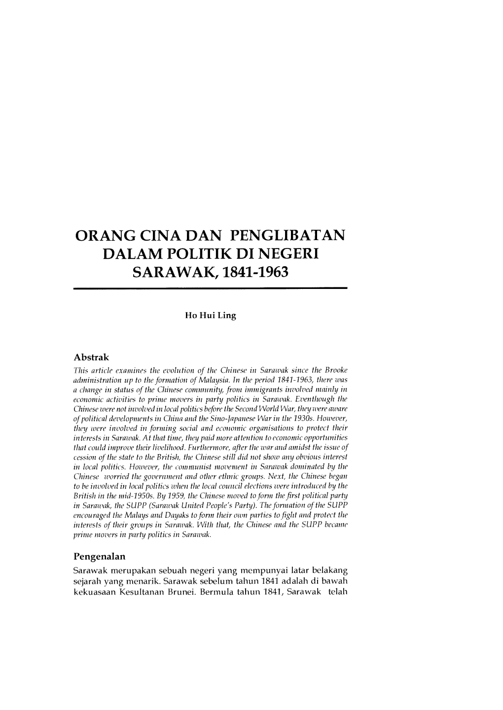 Orang Cina Dan Penglibatan Dalam Politik Di Negeri Sarawak, 1841-1963