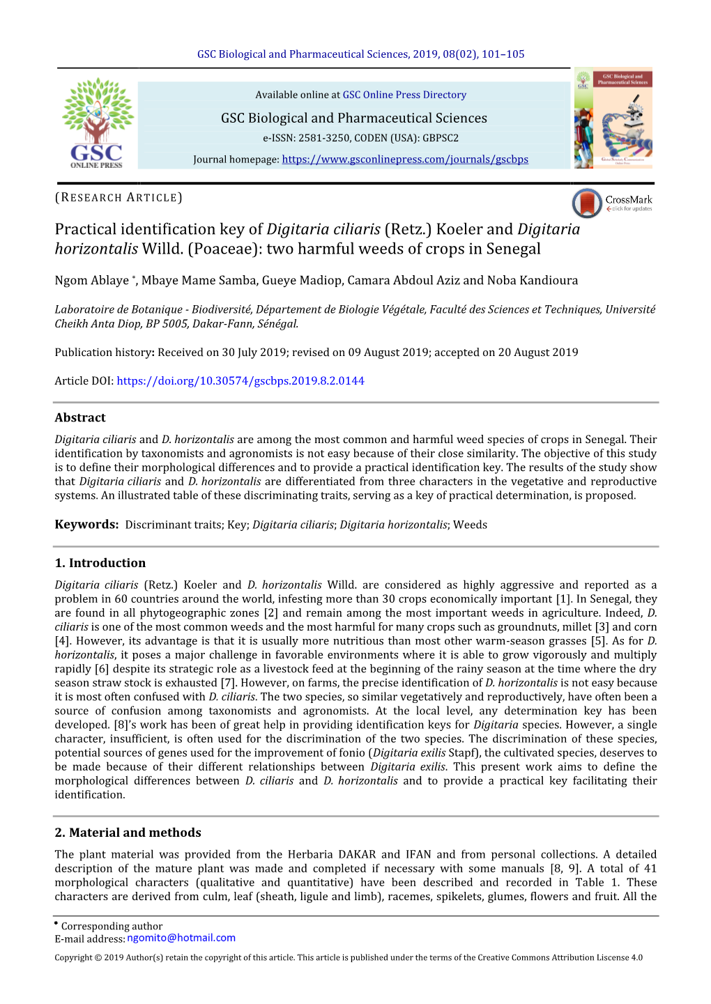 Practical Identification Key of Digitaria Ciliaris (Retz.) Koeler and Digitaria Horizontalis Willd