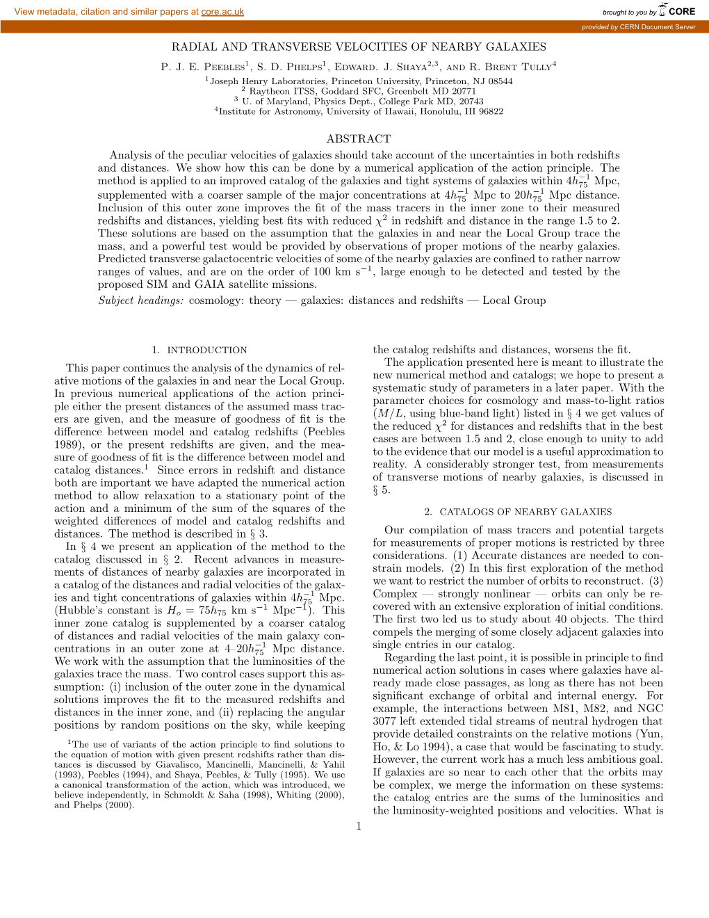 Radial and Transverse Velocities of Nearby Galaxies P