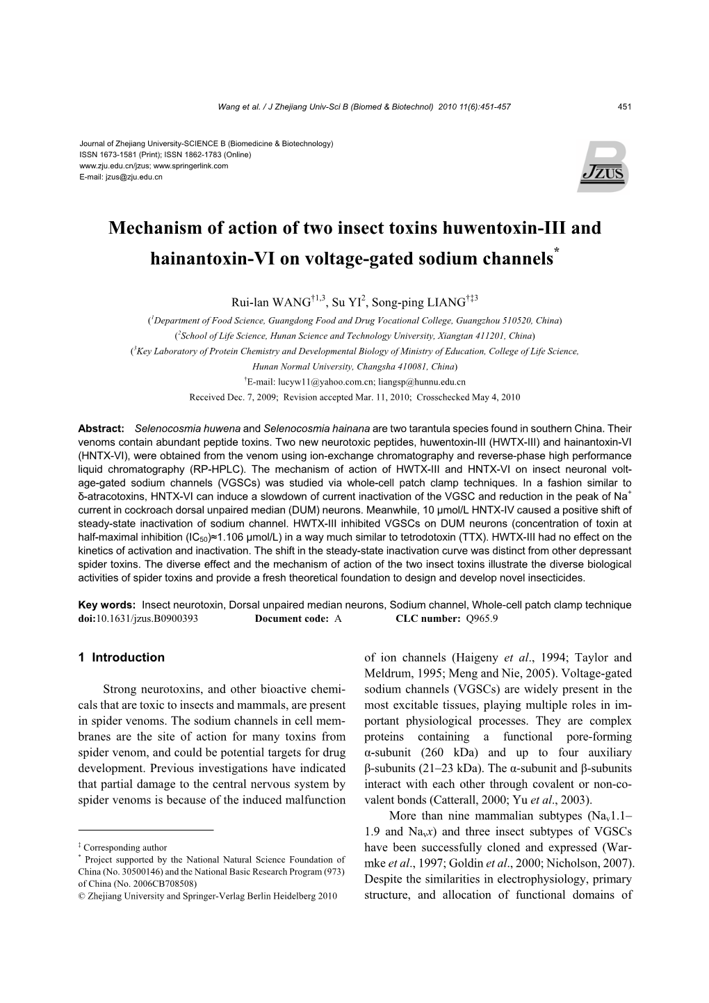 Mechanism of Action of Two Insect Toxins Huwentoxin-III and Hainantoxin-VI on Voltage-Gated Sodium Channels*