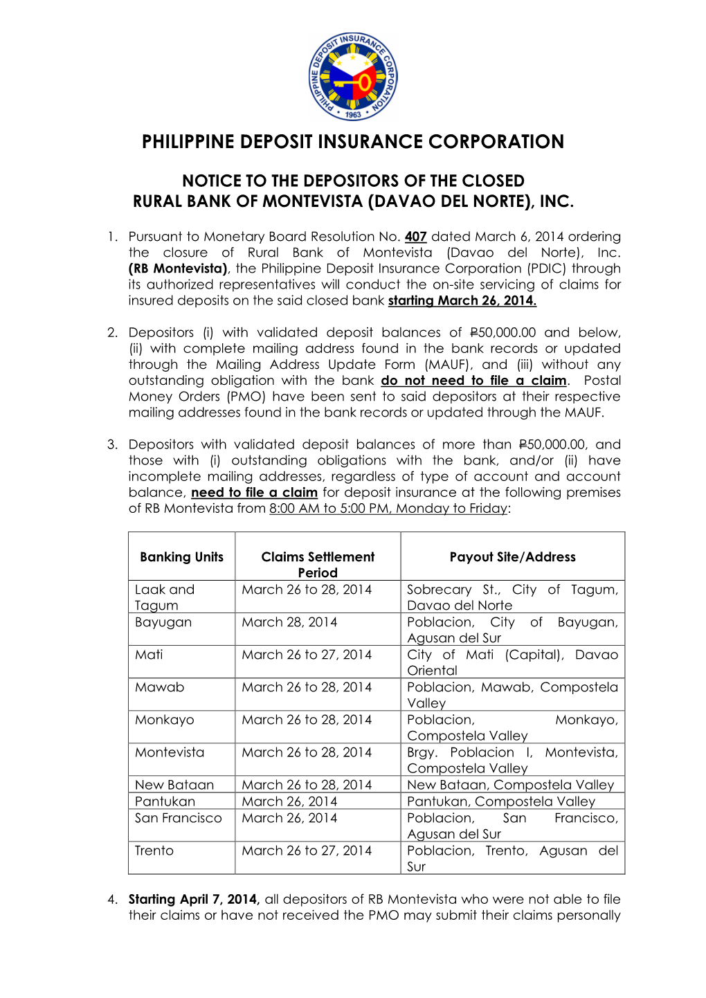 Notice to the Depositors of the Closed Rural Bank of Montevista (Davao Del Norte), Inc