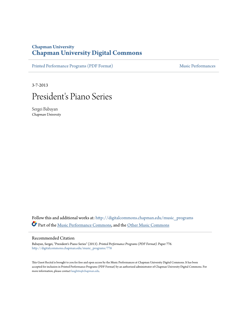 President's Piano Series Sergei Babayan Chapman University