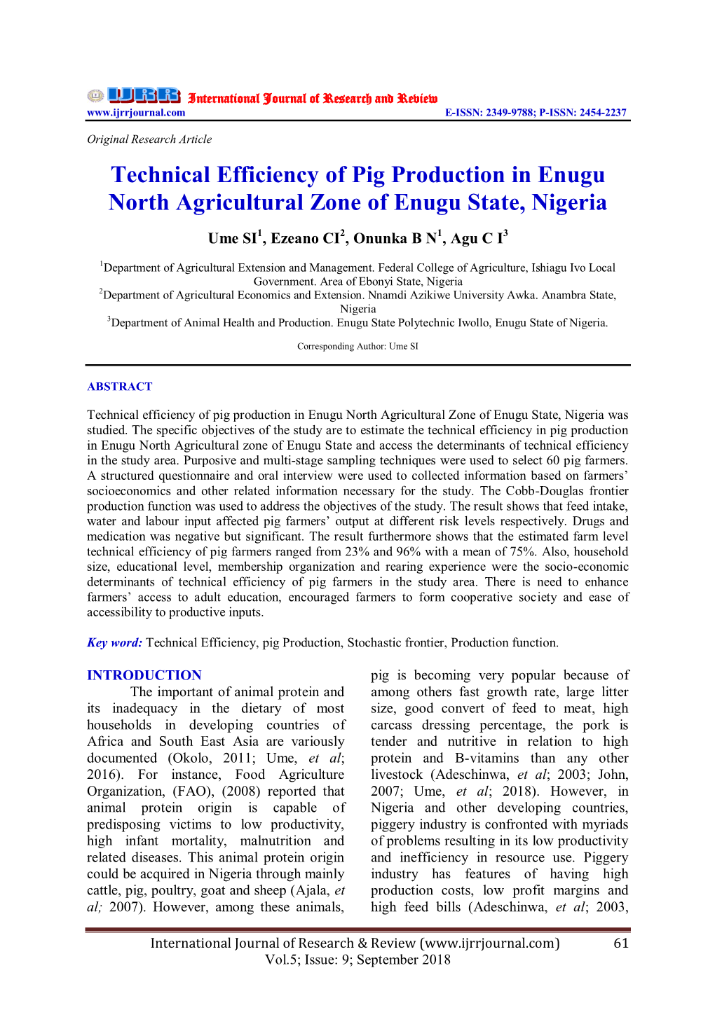 Technical Efficiency of Pig Production in Enugu North Agricultural Zone of Enugu State, Nigeria
