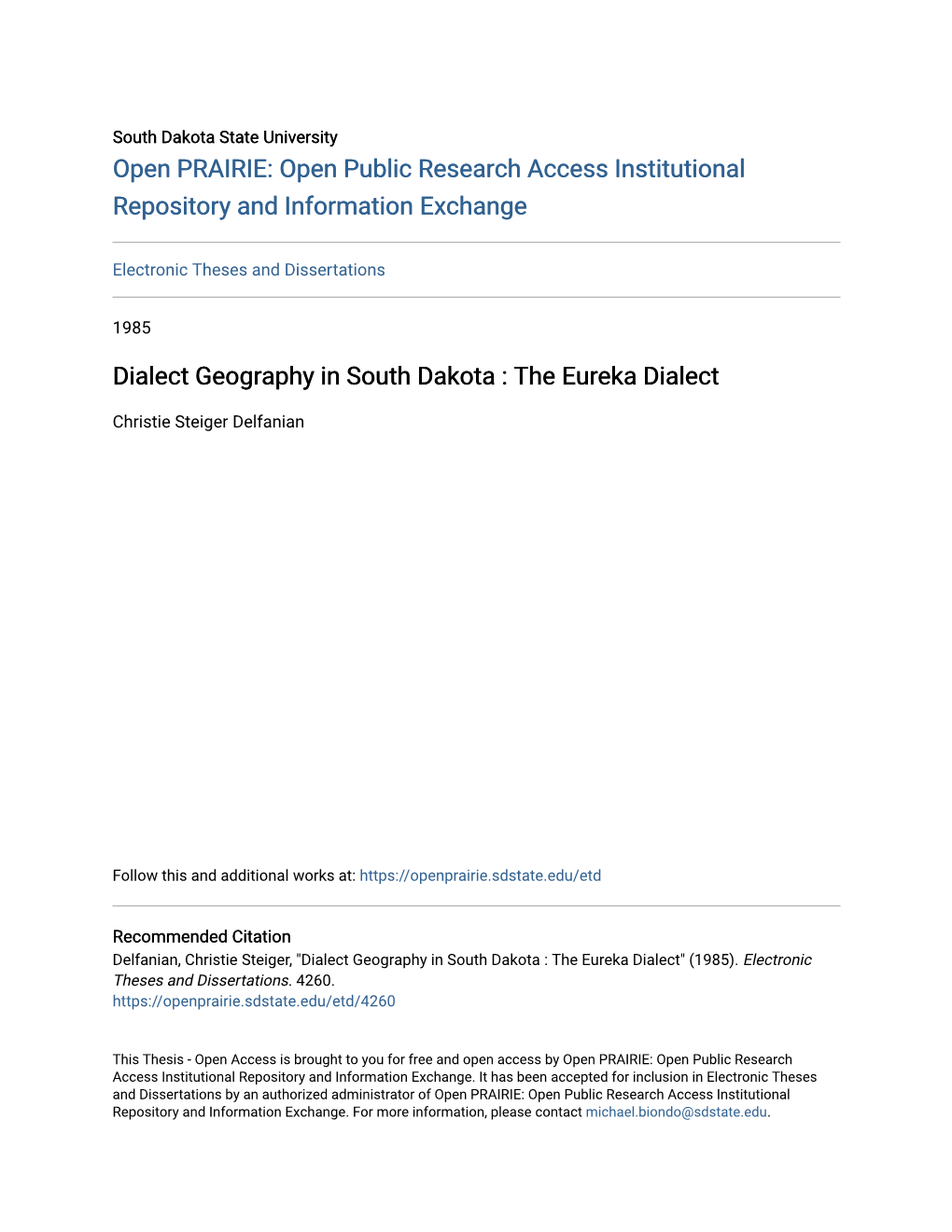 Dialect Geography in South Dakota : the Eureka Dialect