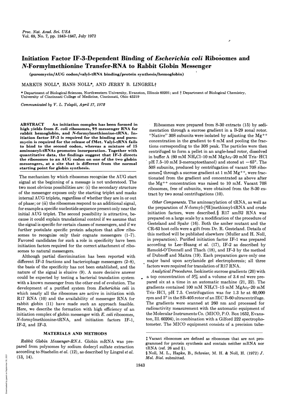 Initiation Factor IF-3-Dependent Binding of Escherichia Coli