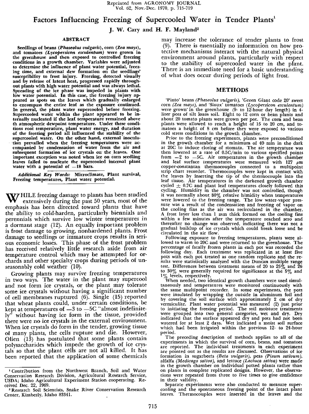 Factors Influencing Freezing of Supercooled Water in Tender Plants' J