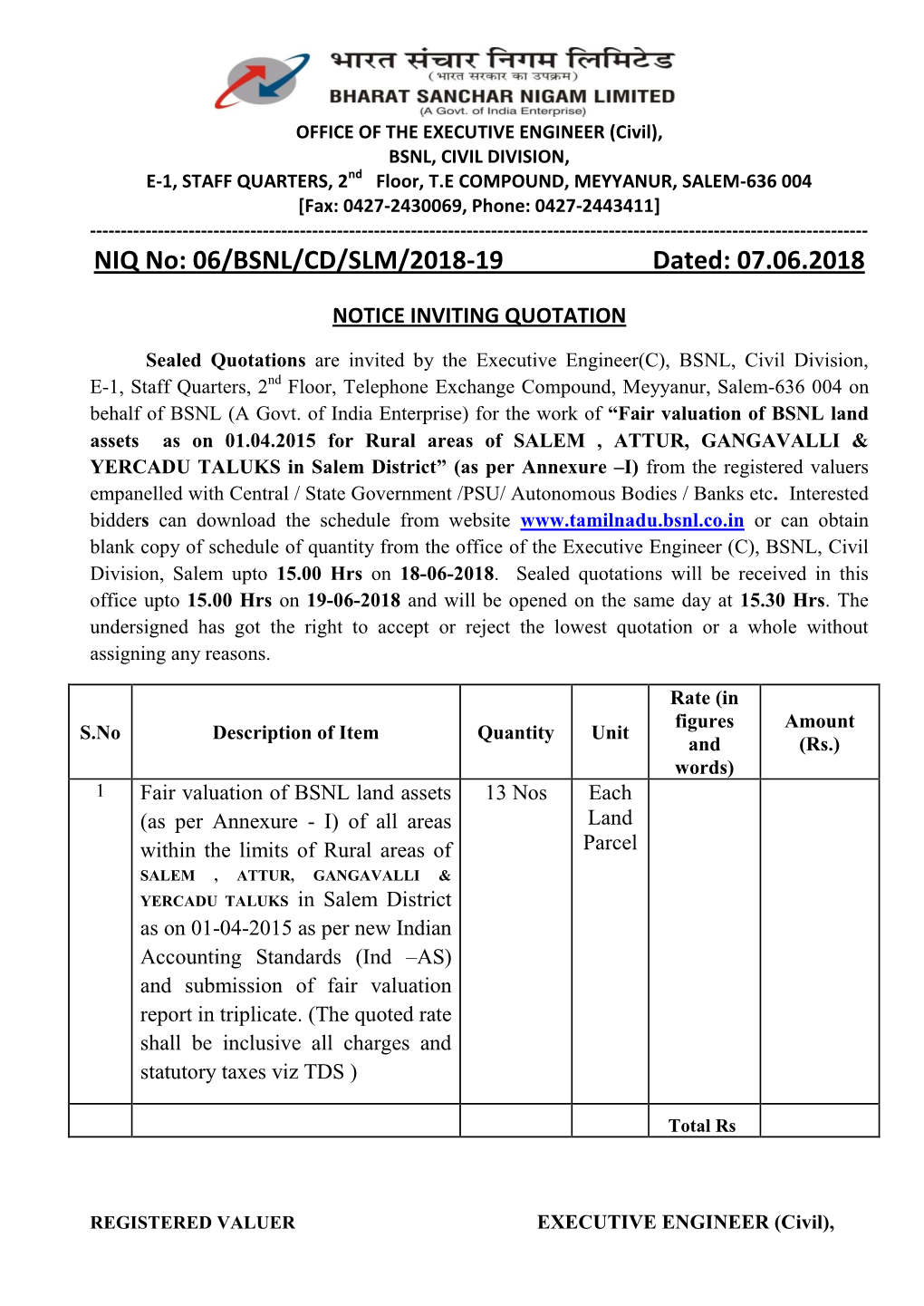 NIQ No: 06/BSNL/CD/SLM/2018-19 Dated: 07.06.2018