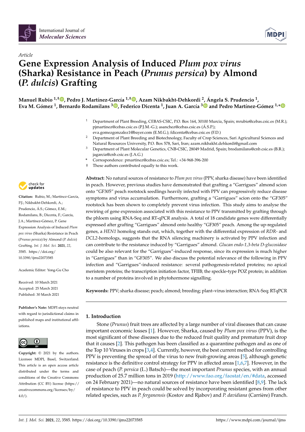 Gene Expression Analysis of Induced Plum Pox Virus (Sharka) Resistance in Peach (Prunus Persica) by Almond (P