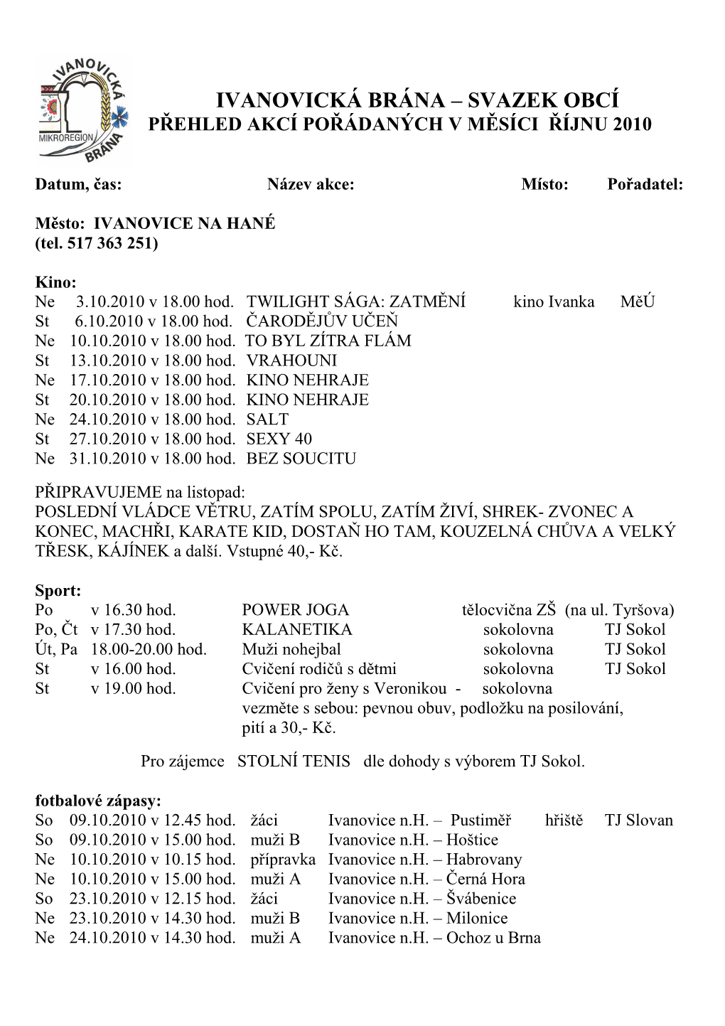 Svazek Obcí P Řehled Akcí Po Řádaných V M Ěsíci Říjnu 2010