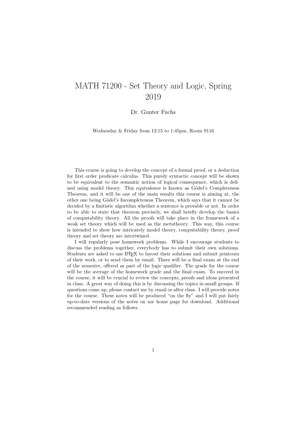 Set Theory and Logic, Spring 2019