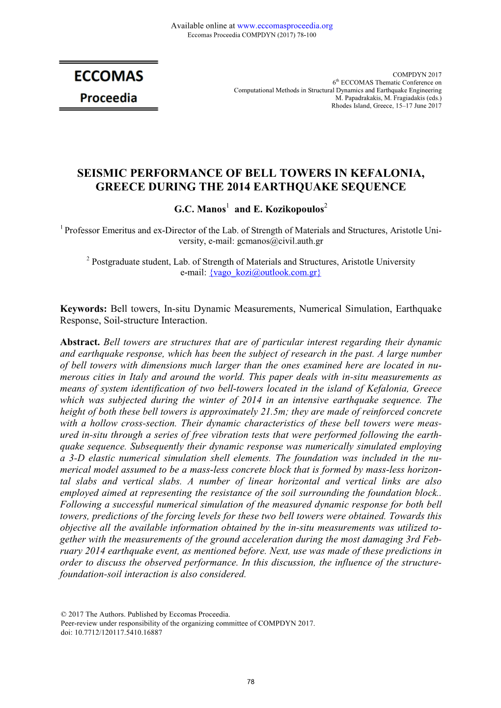 Seismic Performance of Bell Towers in Kefalonia, Greece During the 2014 Earthquake Sequence