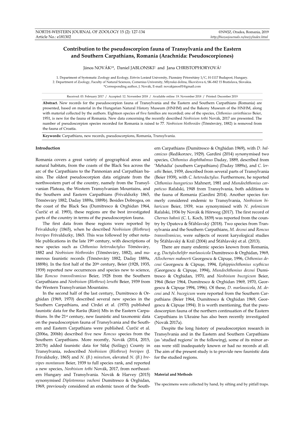 Contribution to the Pseudoscorpion Fauna of Transylvania and the Eastern and Southern Carpathians, Romania (Arachnida: Pseudoscorpiones)