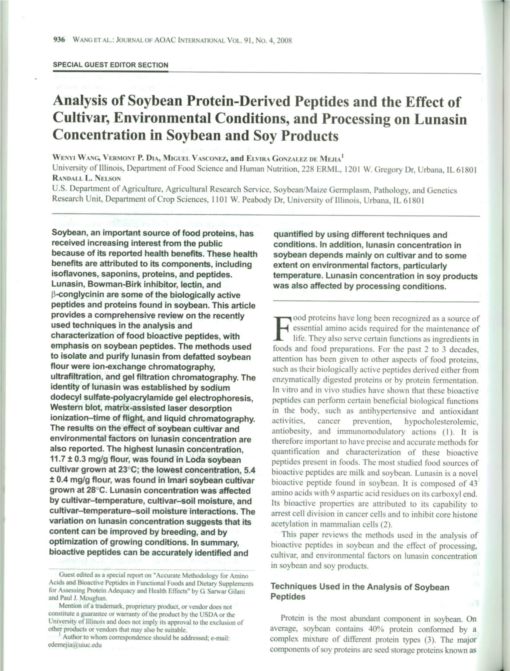 Analysis of Soybean Protein-Derived Peptides and the Effect of Cultivar, Environmental Conditions, and Processing on Lunasin Concentration in Soybean and Soy Products