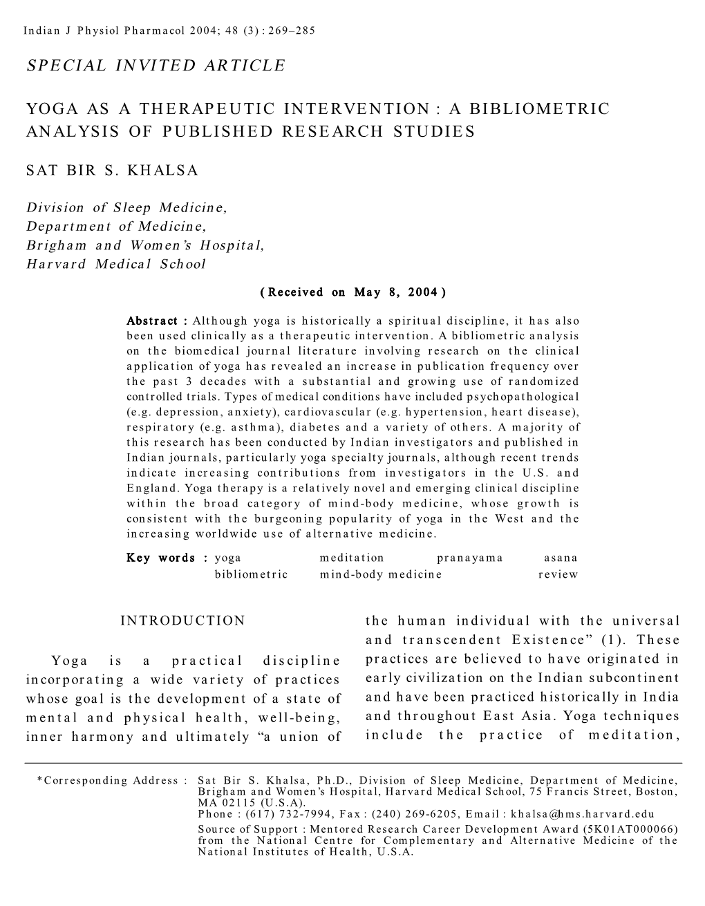 Special Invited Article Yoga As a Therapeutic Intervention : a Bibliometric Analysis of Published Research Studies