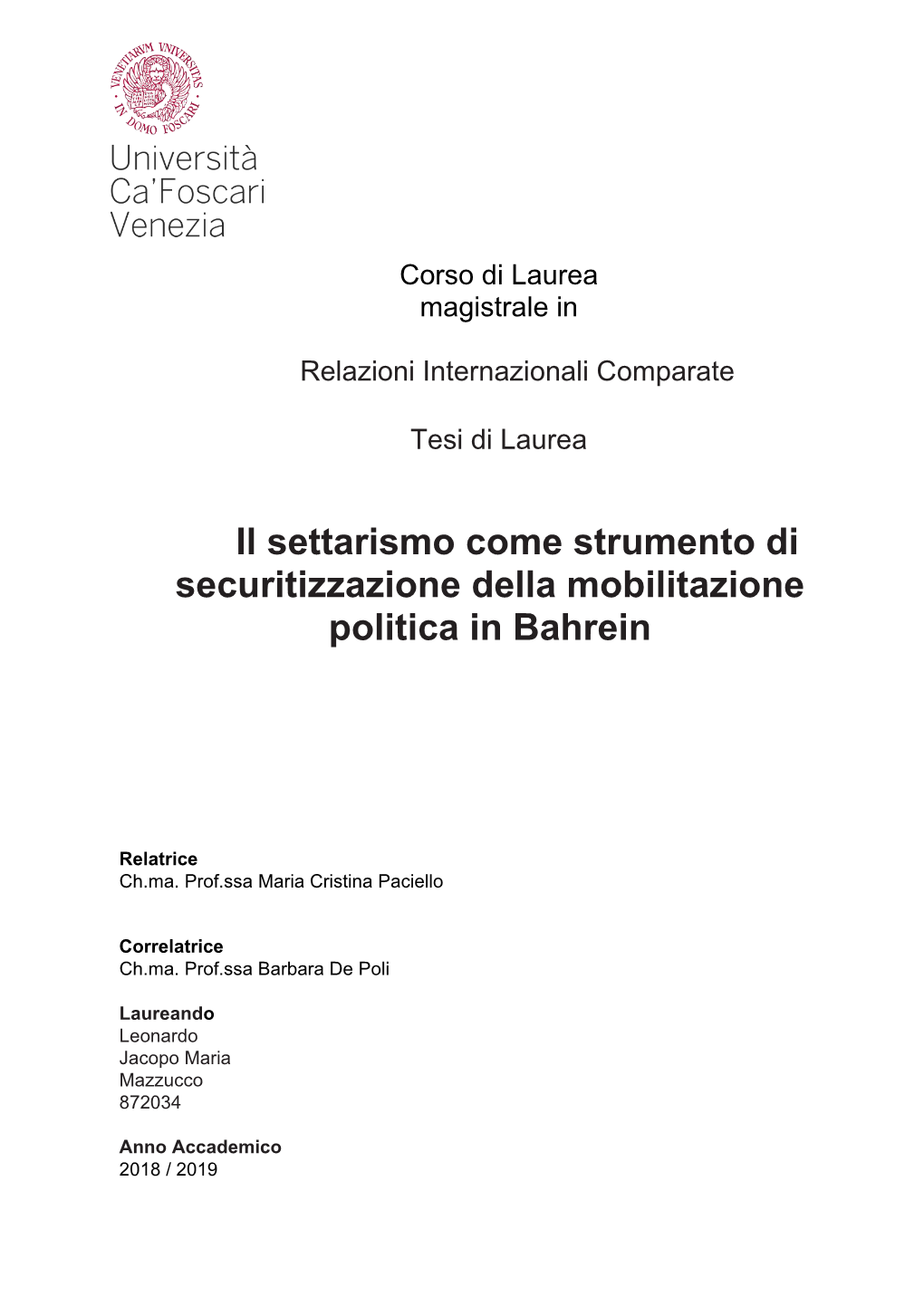 Il Settarismo Come Strumento Di Securitizzazione Della Mobilitazione Politica in Bahrein