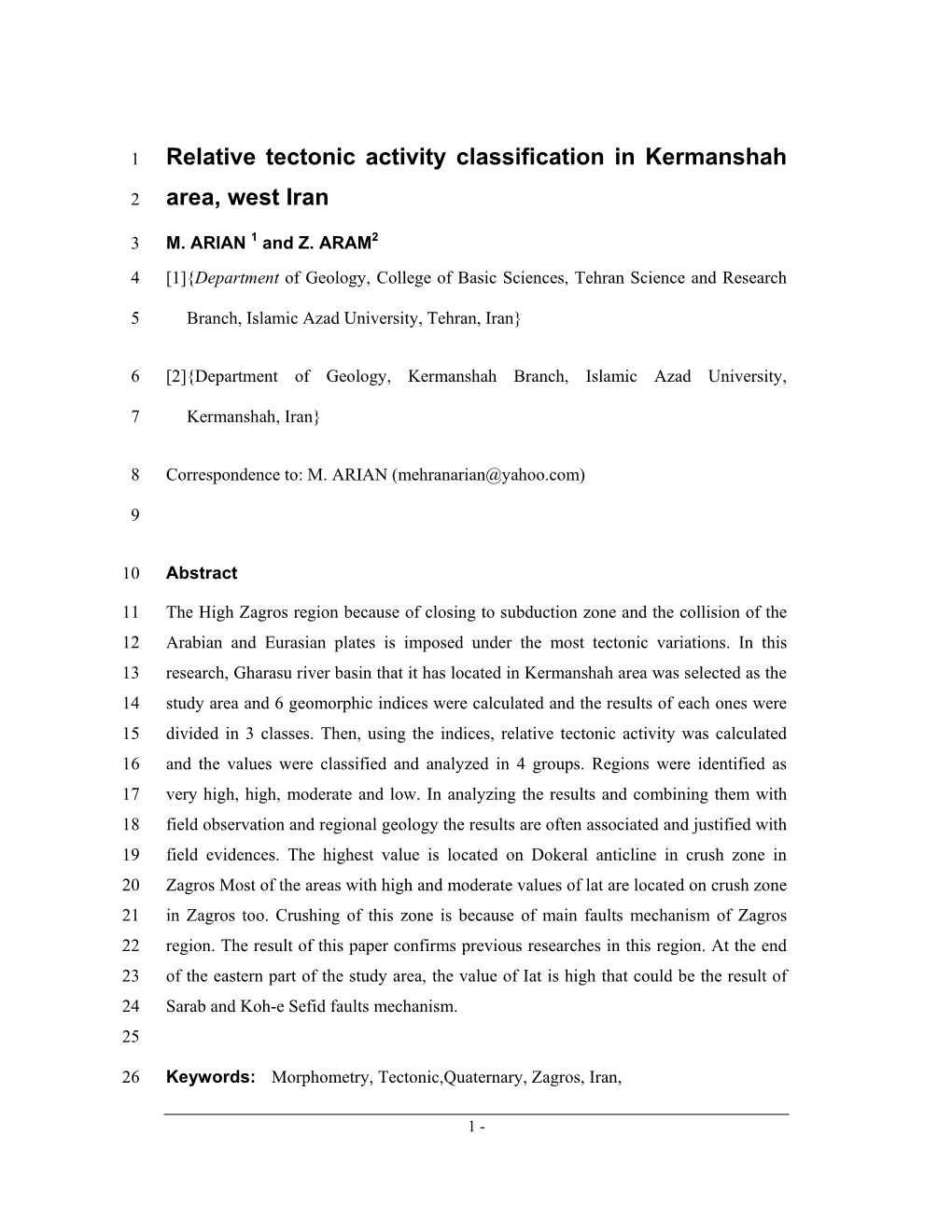 Relative Tectonic Activity Classification in Kermanshah Area, West Iran