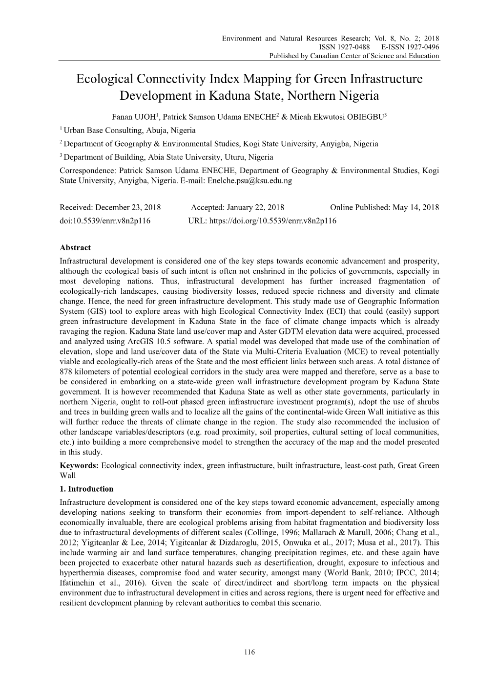 Ecological Connectivity Index Mapping for Green Infrastructure Development in Kaduna State, Northern Nigeria