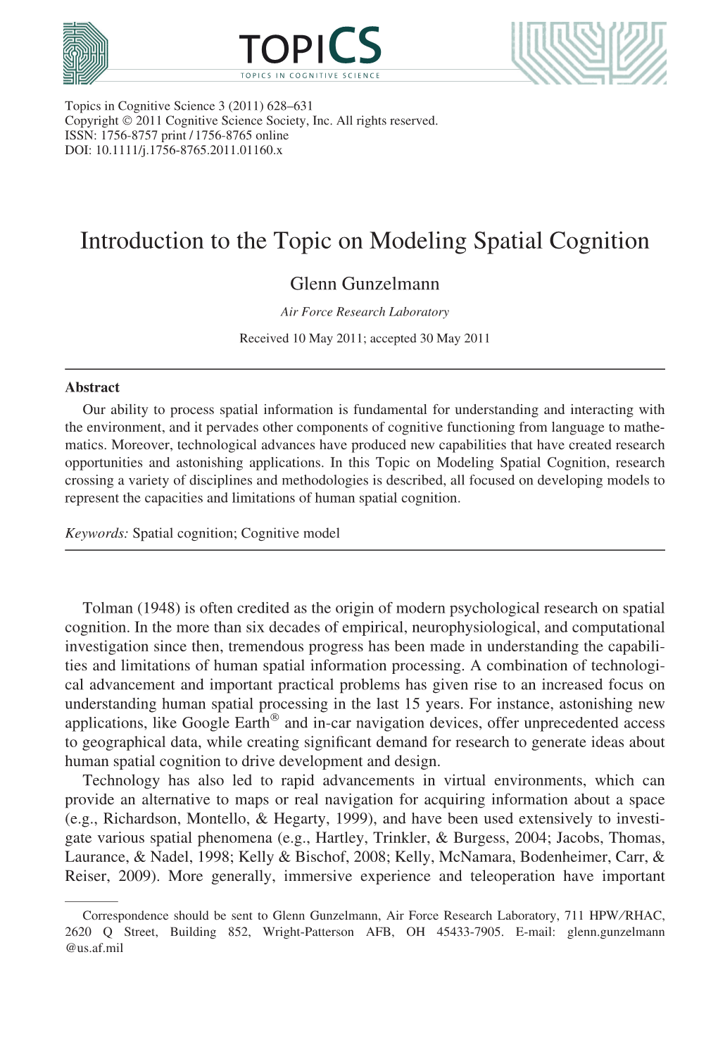 Introduction to the Topic on Modeling Spatial Cognition