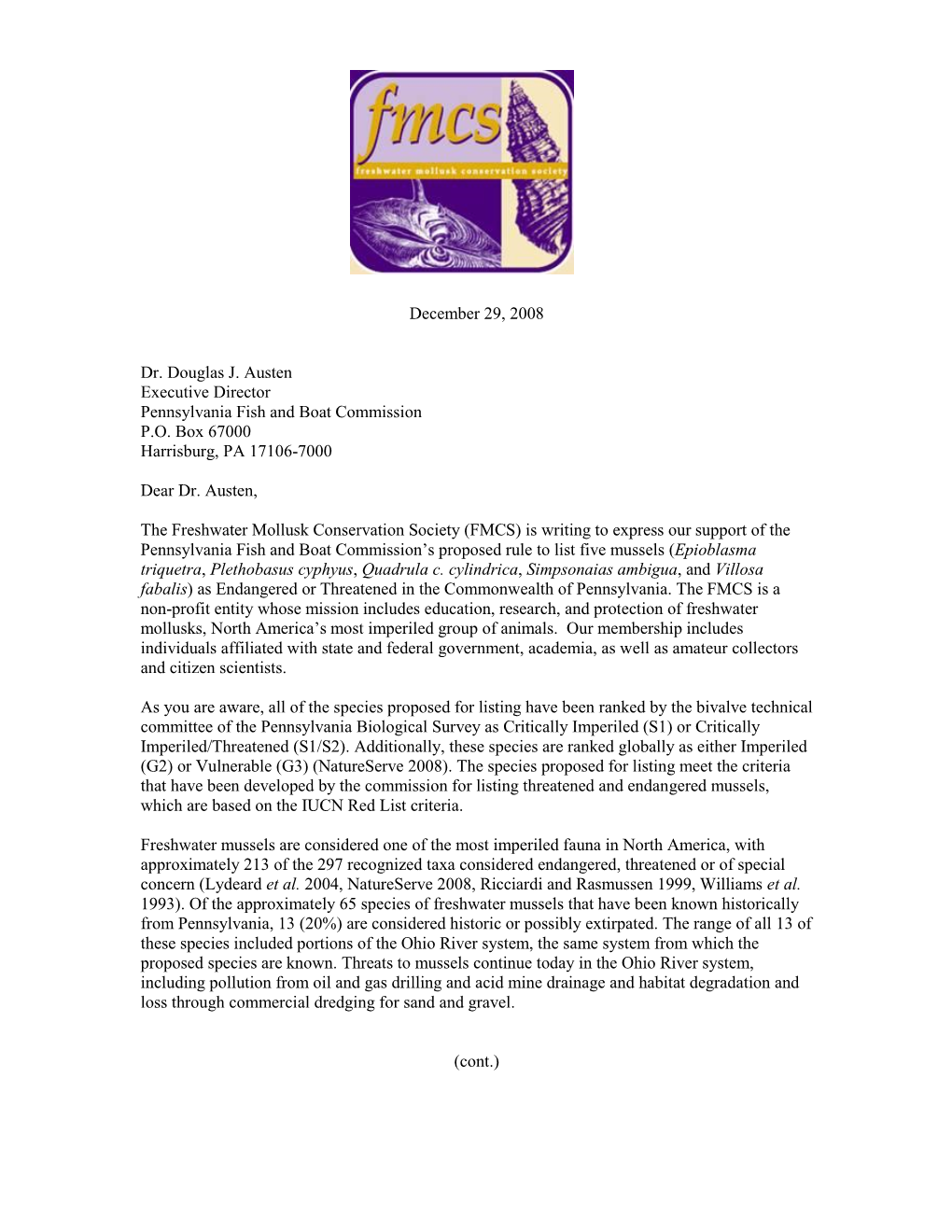 FMCS Comment Letter in Support of PA Mussel Listing