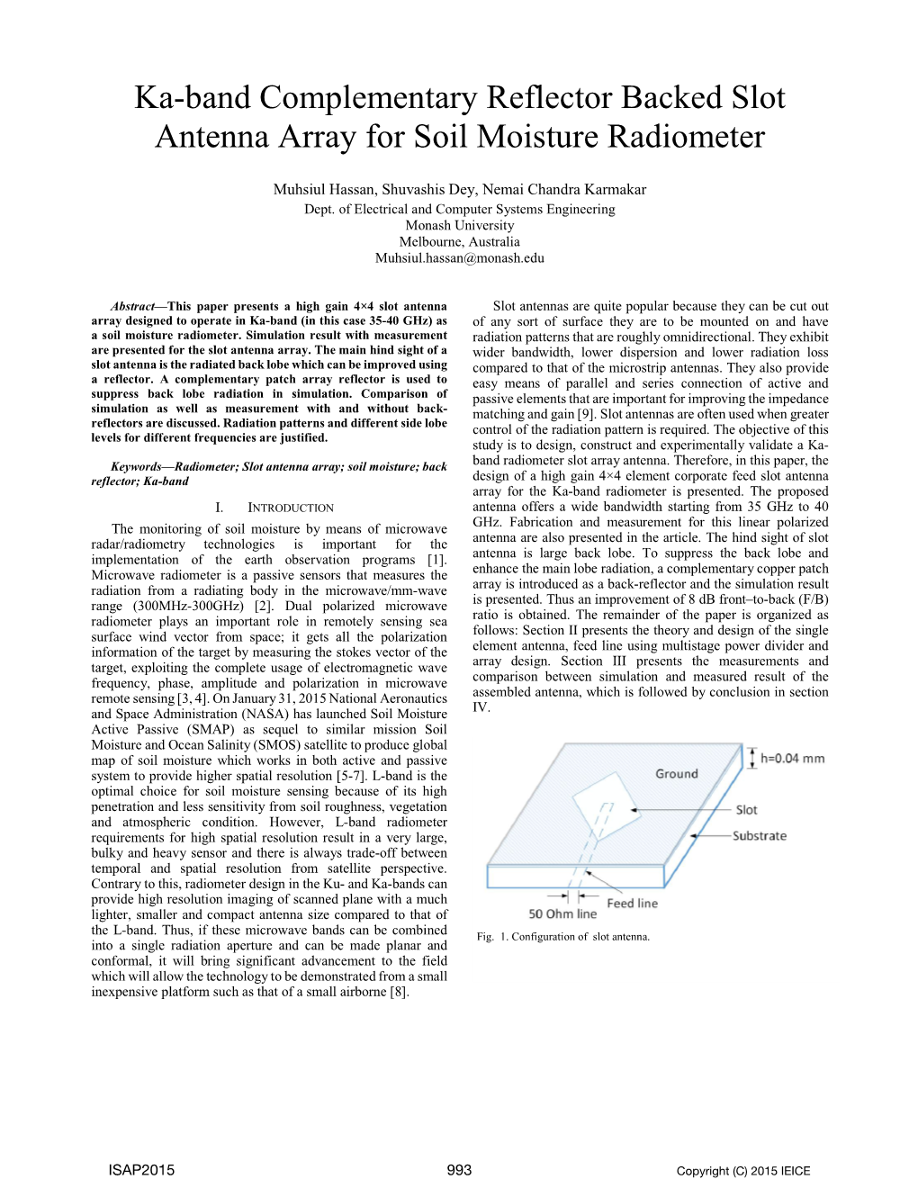 Ka-Band Complementary Reflector Backed Slot Antenna Array for Soil Moisture Radiometer