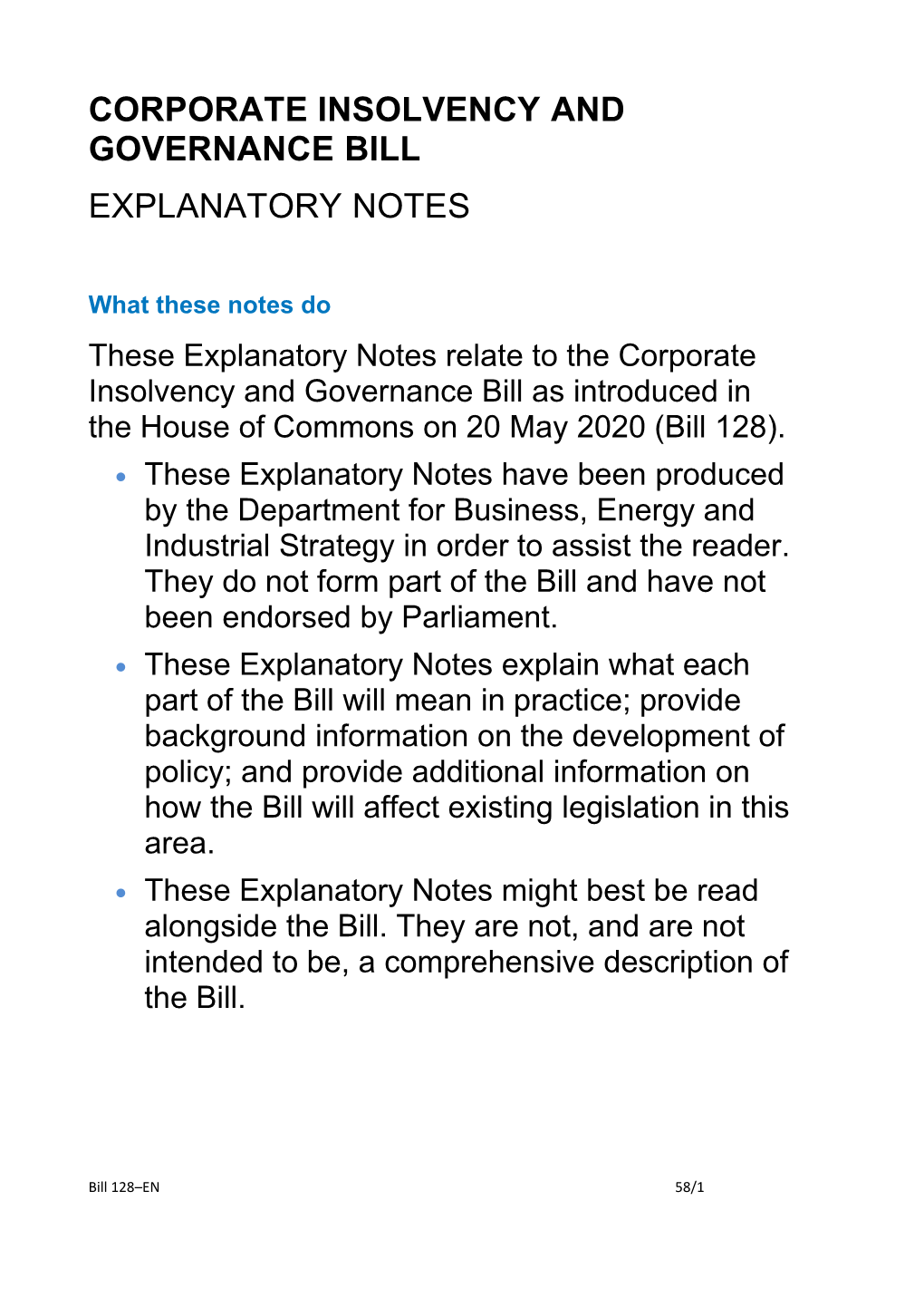 Corporate Insolvency and Governance Bill Explanatory Notes