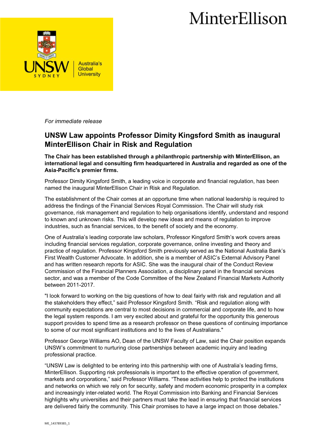UNSW Law Appoints Professor Dimity Kingsford Smith As Inaugural Minterellison Chair in Risk and Regulation