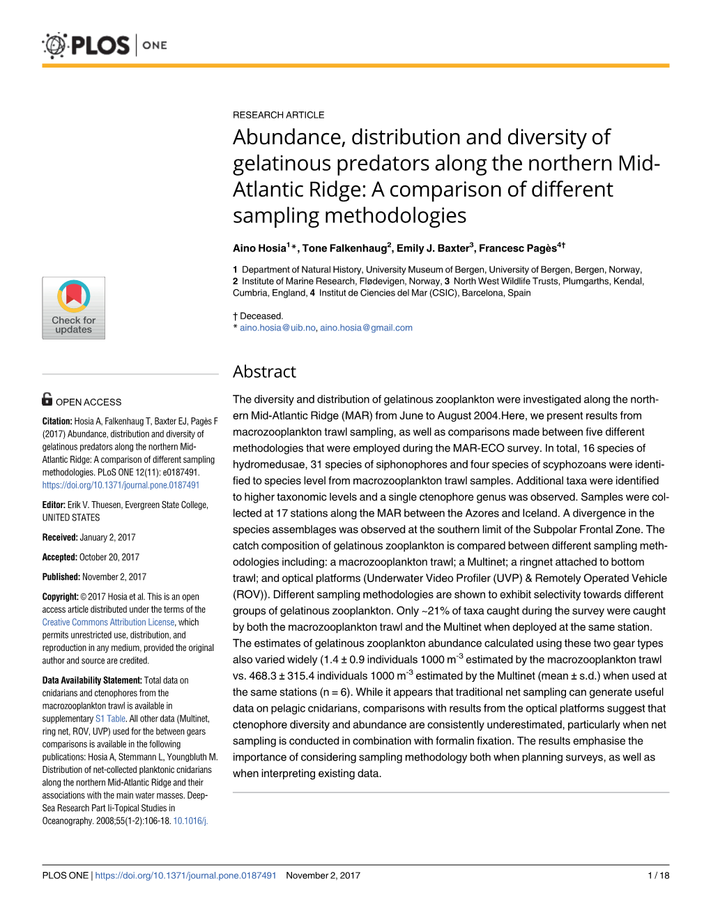 Abundance, Distribution and Diversity of Gelatinous Predators Along the Northern Mid- Atlantic Ridge: a Comparison of Different Sampling Methodologies