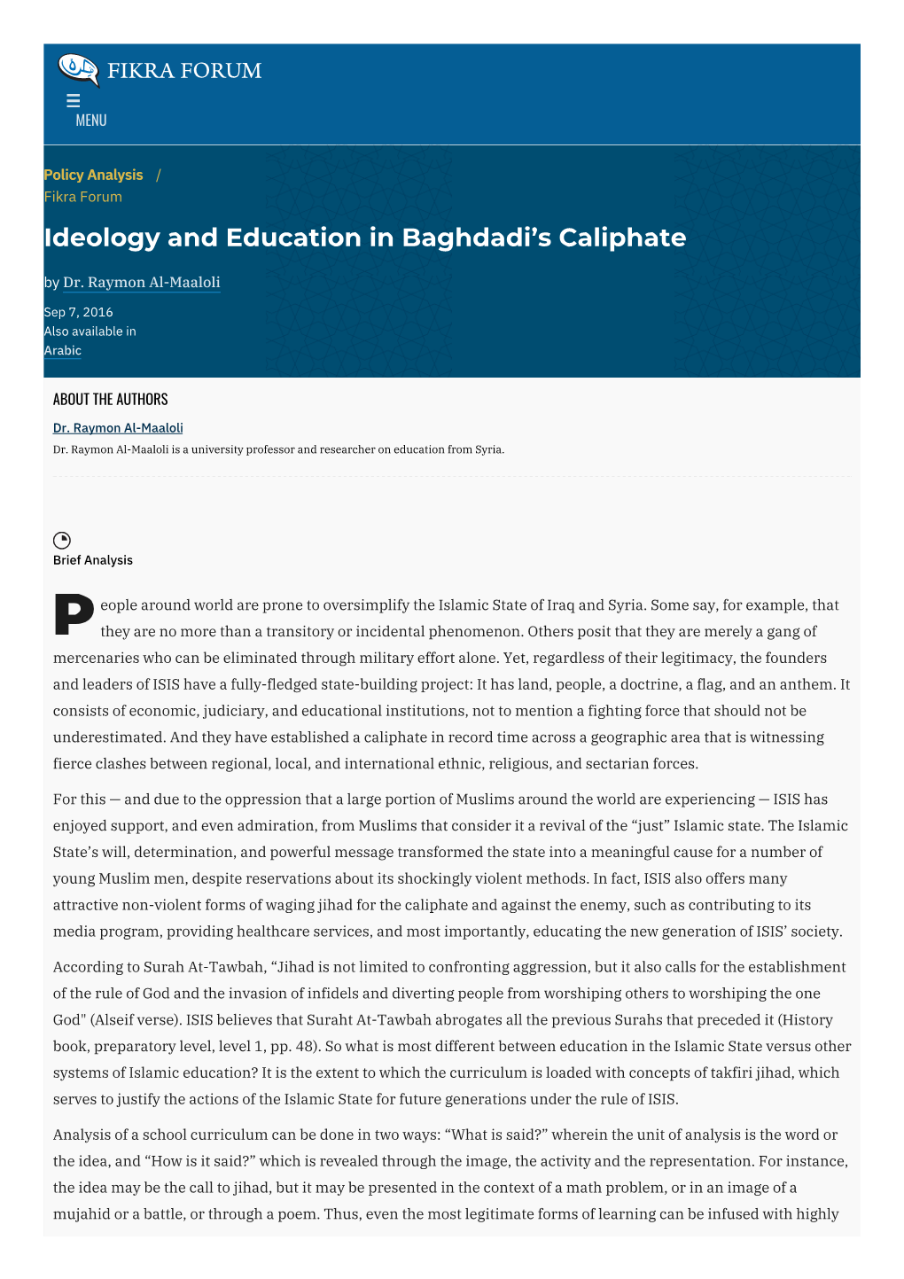 Ideology and Education in Baghdadi's Caliphate | the Washington Institute