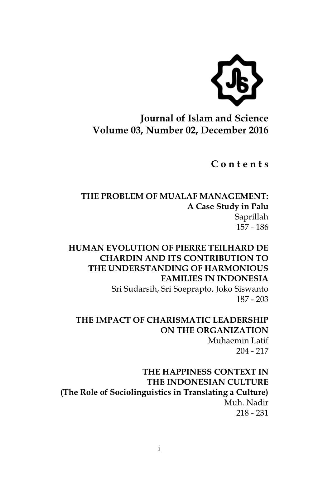 Journal of Islam and Science Volume 03, Number 02, December 2016 C