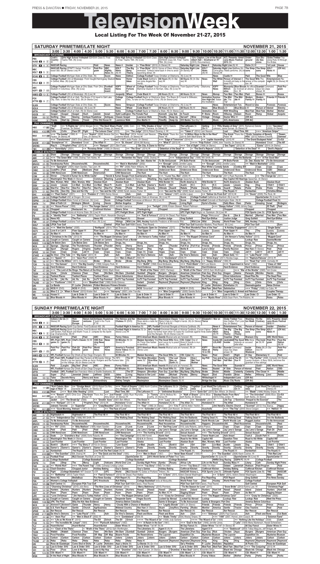 Televisionweek Local Listing for the Week of November 21-27, 2015