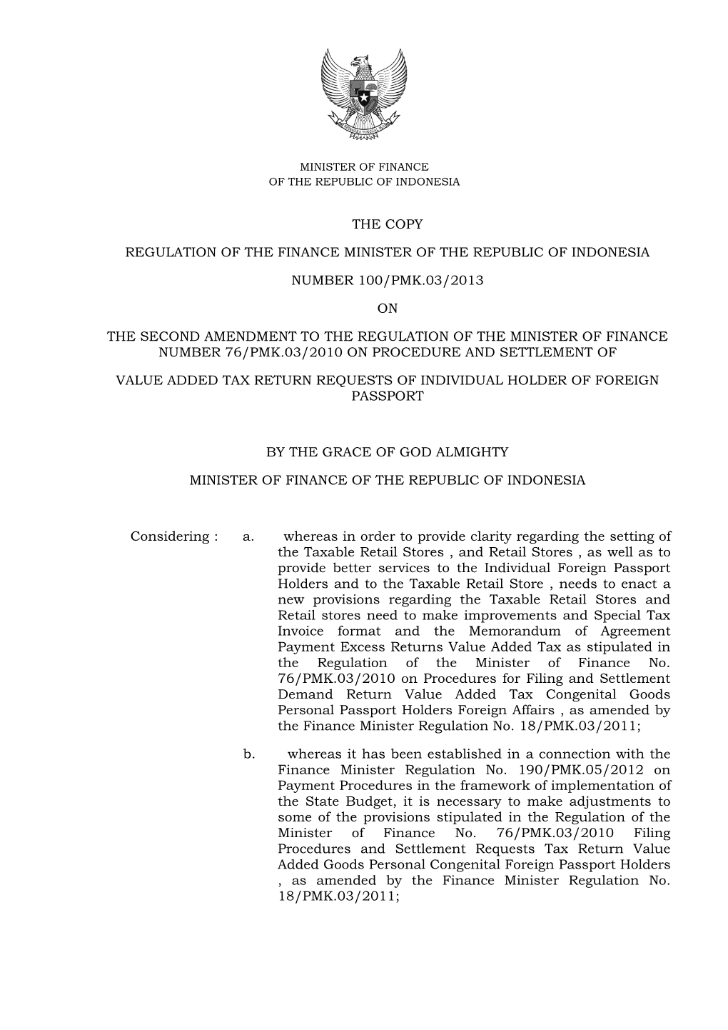 The Copy Regulation of the Finance Minister of The