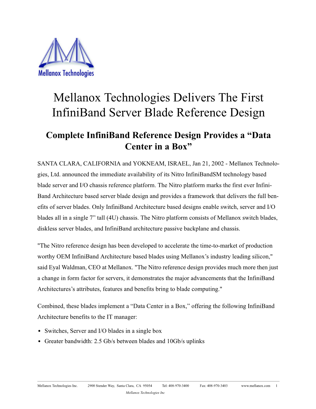 Mellanox Technologies Delivers the First Infiniband Server Blade Reference Design