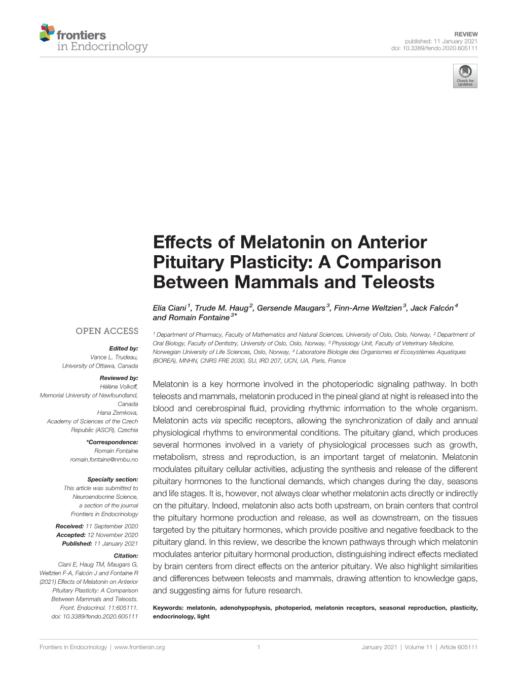 Effects of Melatonin on Anterior Pituitary Plasticity: a Comparison Between Mammals and Teleosts