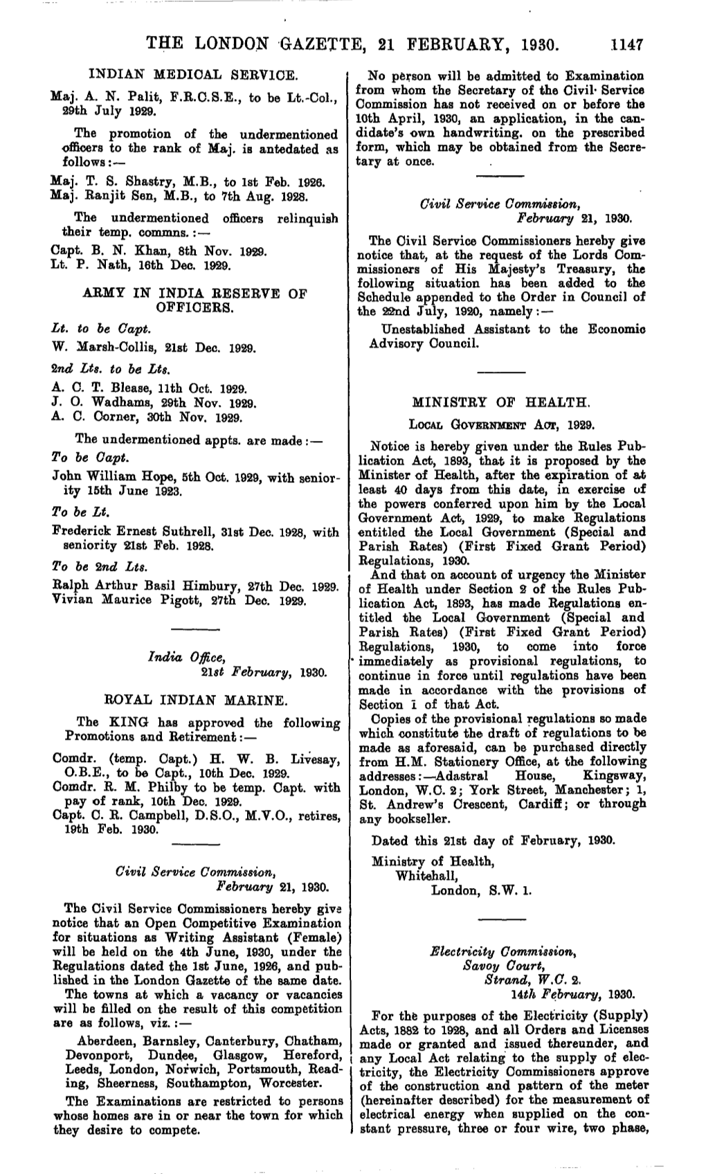 The London Gazette, 21 February, 1930. 1147
