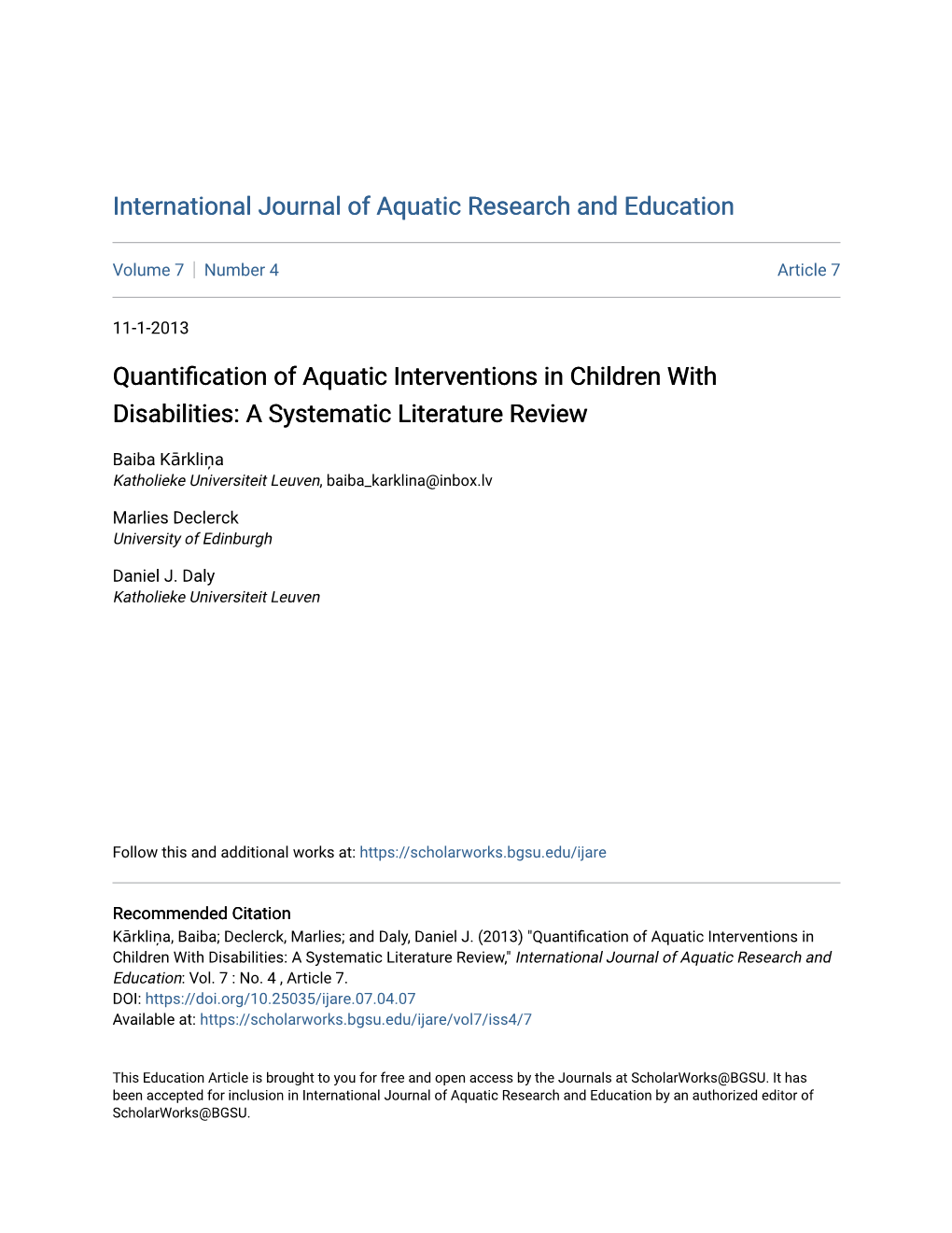 Quantification of Aquatic Interventions in Children with Disabilities: a Systematic Literature Review
