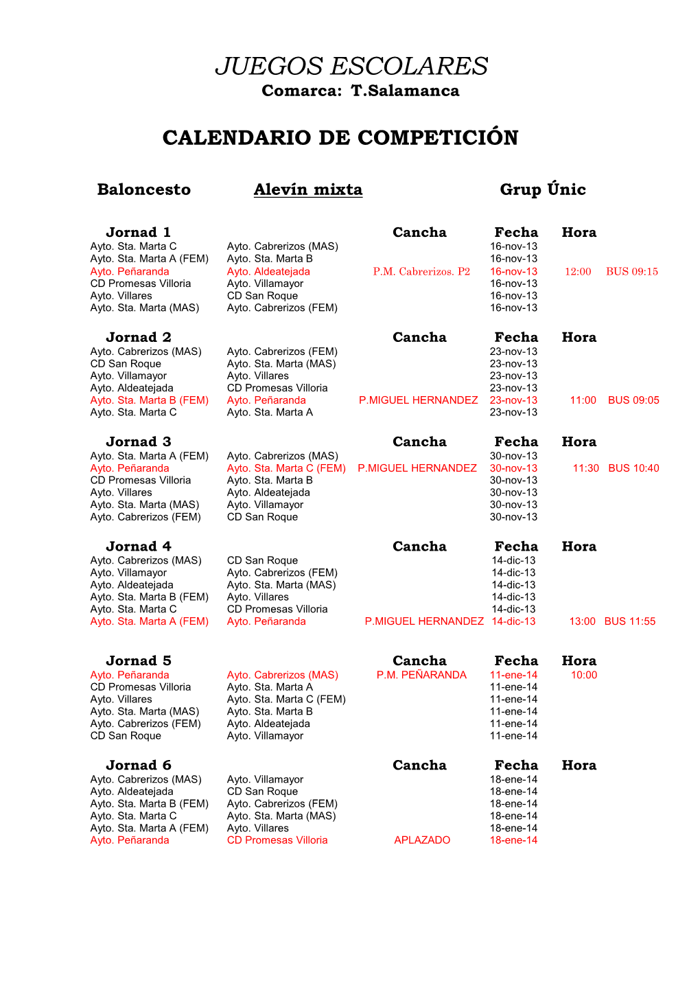 Calendario Alevines