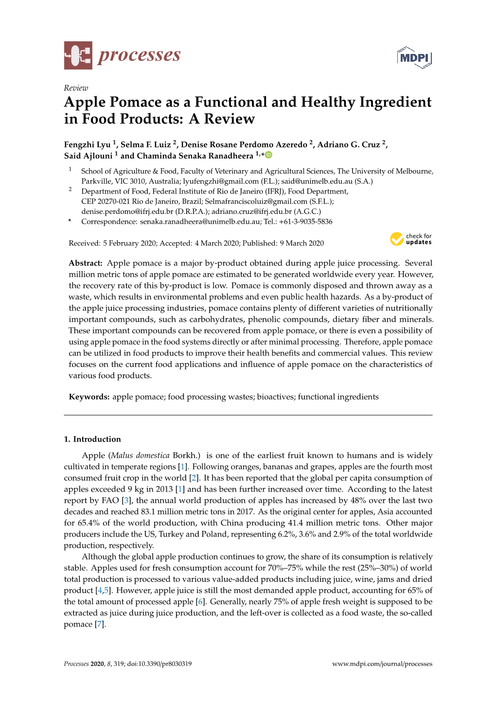 Apple Pomace As a Functional and Healthy Ingredient in Food Products: a Review